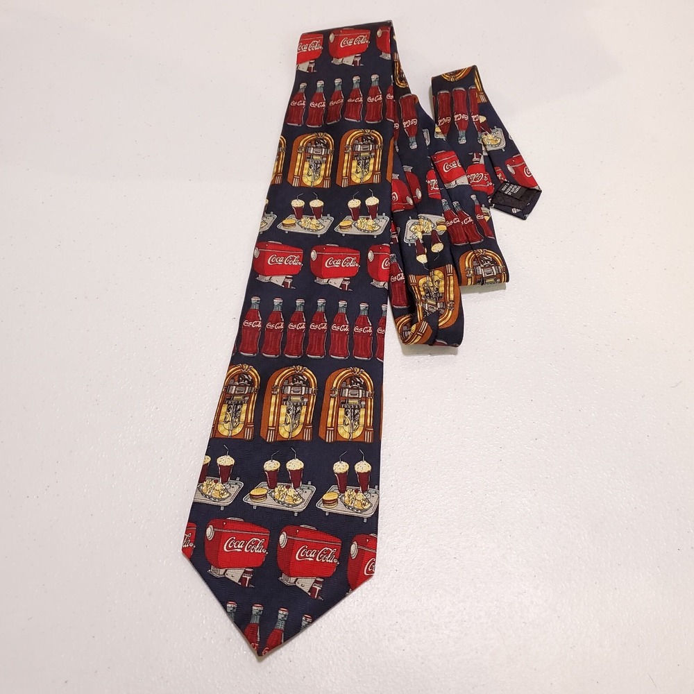 VINTAGE Coca-Cola Men Tie One Size Blue 100% Silk Soda Fountain Jukebox Allover